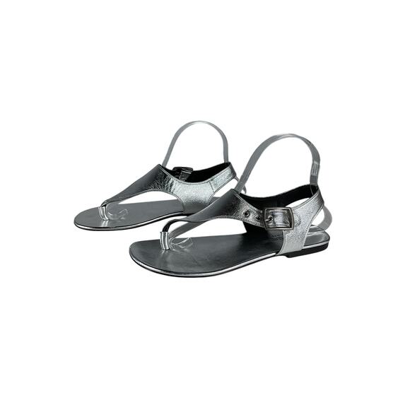 Saint Laurent Ankle Strap Silver Leather Flat Sandals - Picture 3 of 11